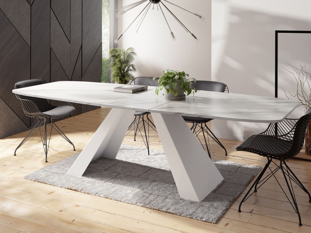 Esstisch Monte Weiß im Modern Stil, Rechteckiger Tisch in Weißer Marmoroptik - Ausziehbar von 160 cm bis 200 cm, Pulverbeschichtete Weiße Metall...