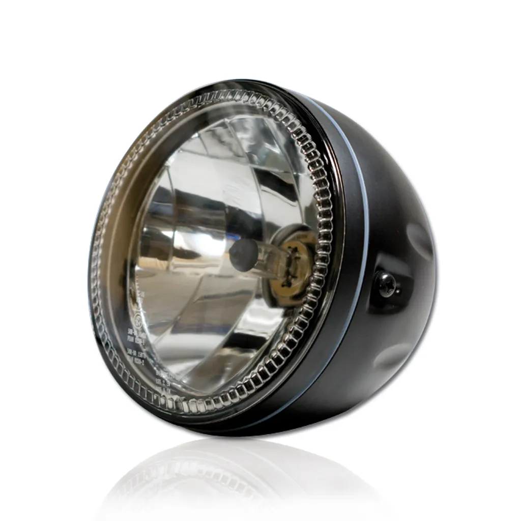 Phare Skyline 5-3/4 H4 noir pour moto custom - Optique de phare ronde