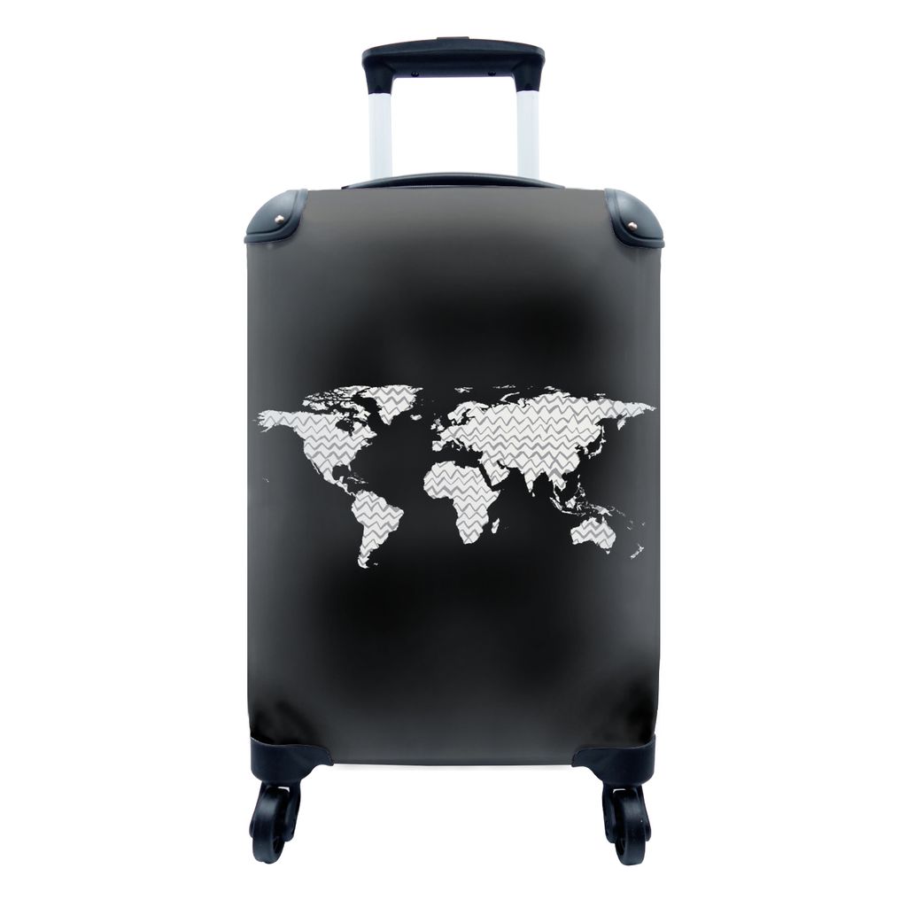 MuchoWow Koffer Handgepäck Trolley Rollkoffer Kleine Reisekoffer mit 4 Rollen - Weltkarte - Design - Grau - Weiß - Cabin Size < 55x40x23 cm & 5...