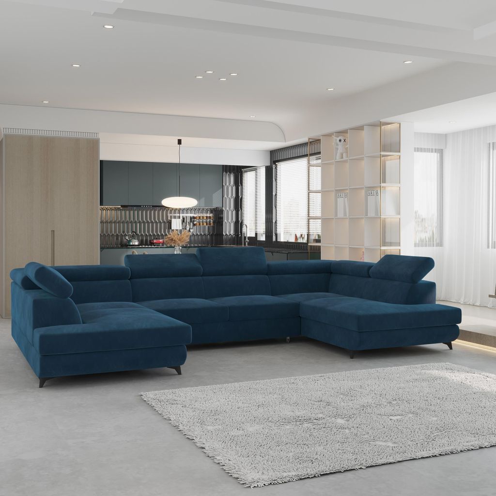 Masseno Ecksofa VINTESSA mit Schlaffunktion U-Form, Sofa mit Bettkasten, Wohnzimmersofa, Couch, Soffa, Bettsofa, Couchgarnitur- Blau, MONOLITH 77