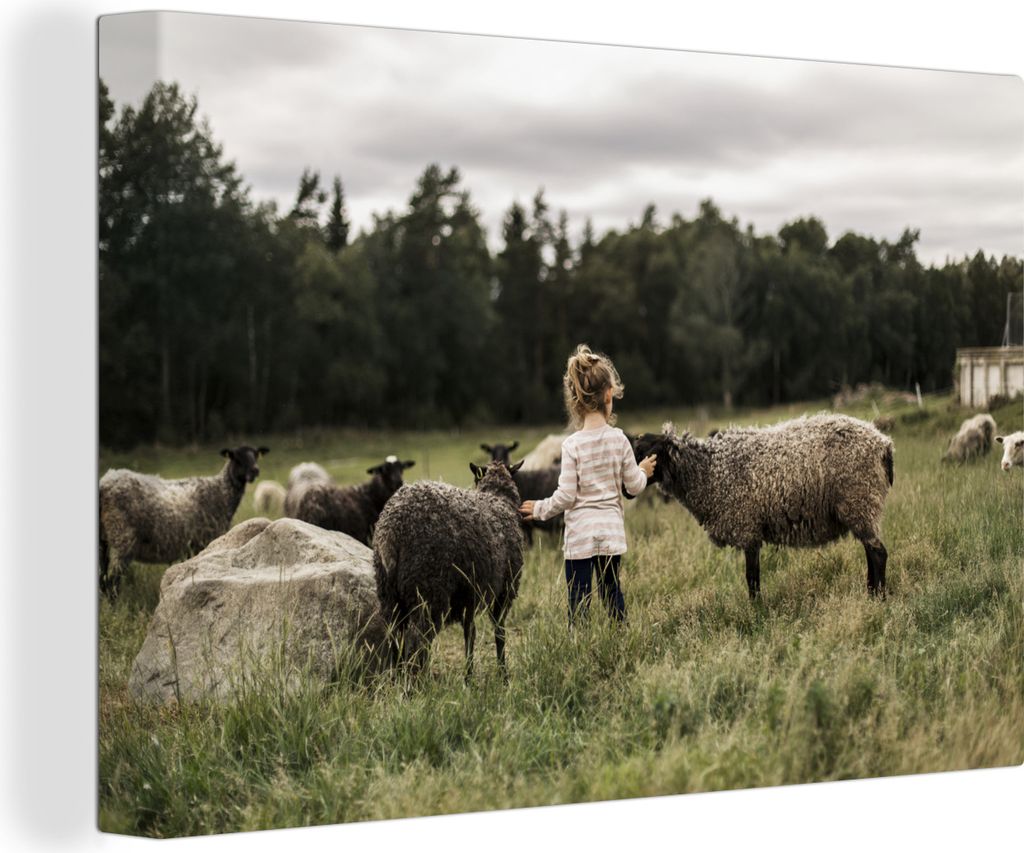 OneMillionCanvasses - Leinwandbilder - 140x90 cm, Mädchen - Schaf - Gras, Wandbilder Kunstdruck Wanddekoration