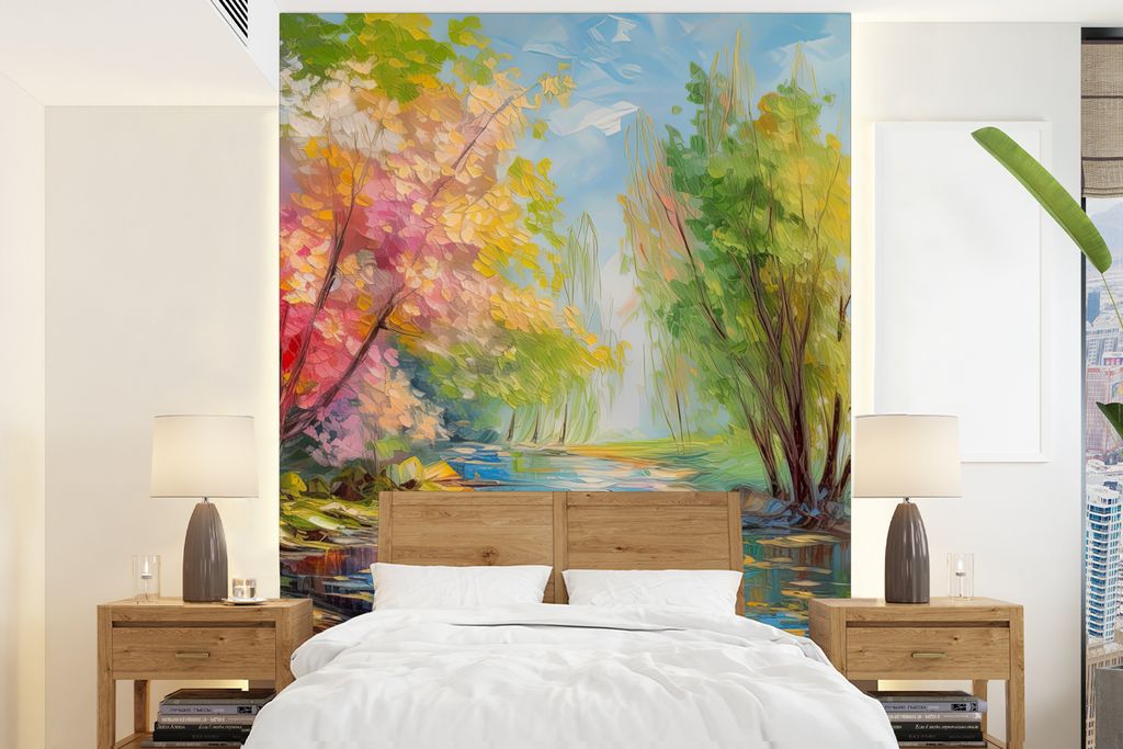 MuchoWow Fototapete für Wohnzimmer oder Schlafzimmer Wandtapete Vinyl Motivtapete Ölfarbe - Landschaft - Natur - Farbenfroh - 205x280 cm - Wand...