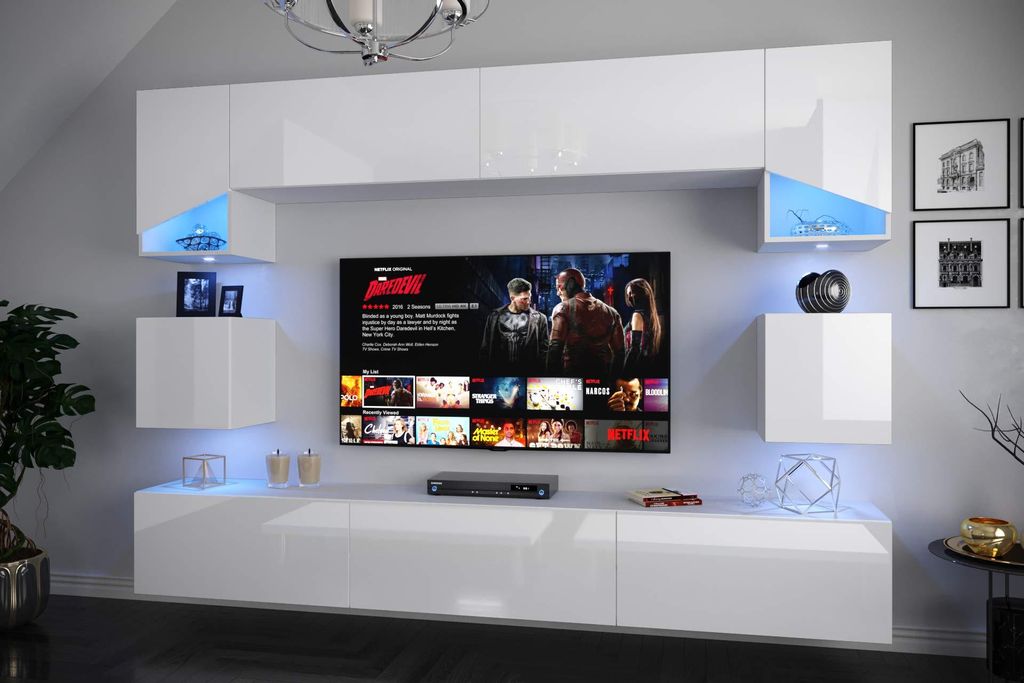 Furnitech S2 Modernes Wohnzimmer Wohnwnd Wohnschranke Schrankwand Möbel S2-HG-W2-(AB) 1A klein (LED RGB 16 Farben)