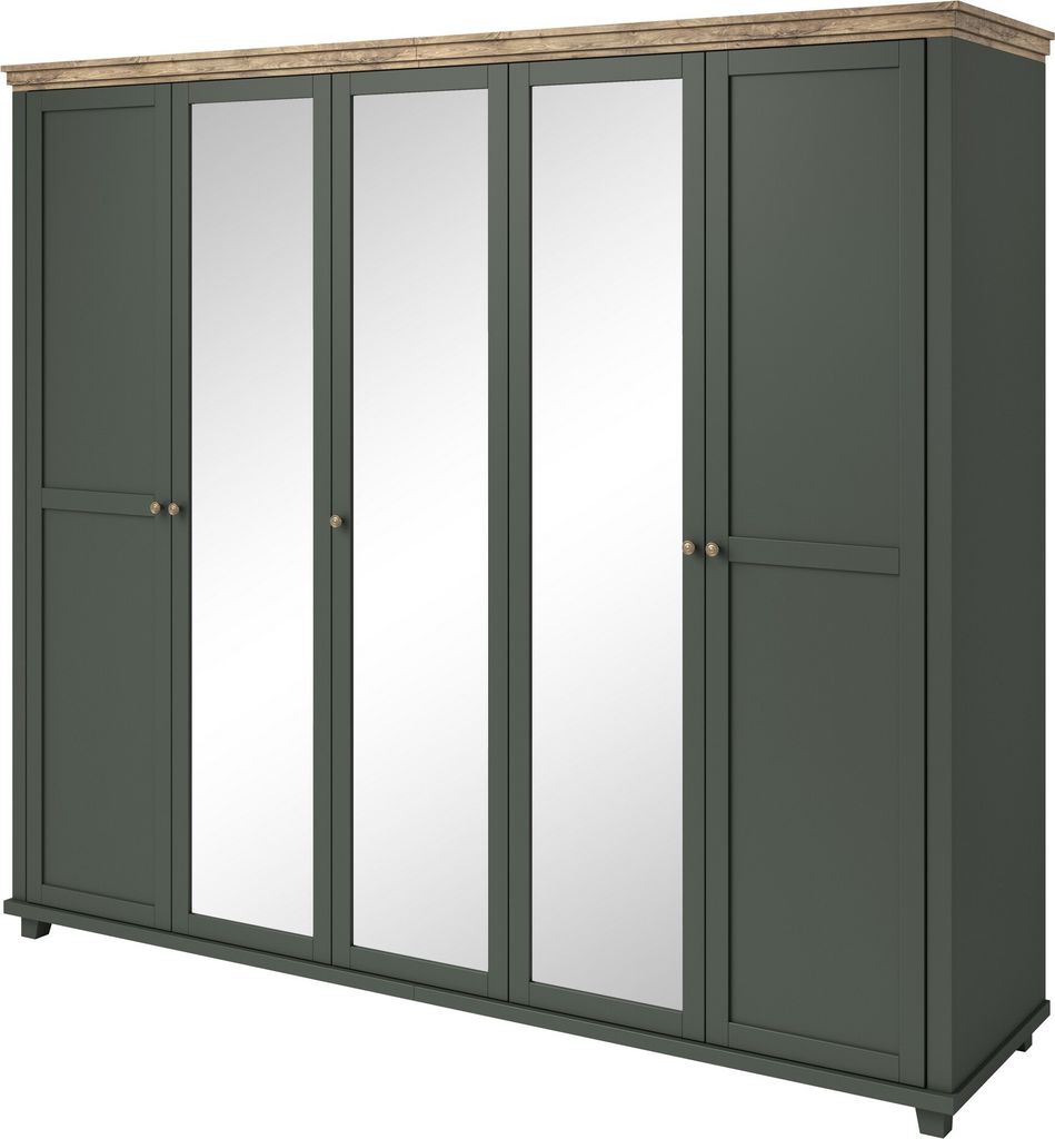 Kleiderschrank Evora 21, 5 Türen, 6 Einlegeböden, Grün/Eiche Lefkas, 2 Kleiderstangen, mit Spiegel, Laminatplatte, klassischer Stil, 246x216x62c...