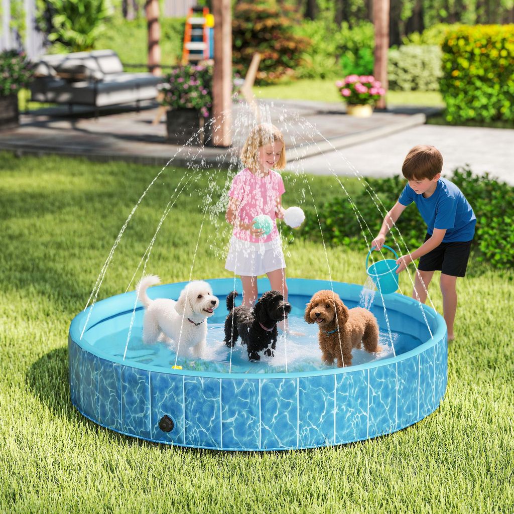 Hundepool faltbar Ø 160 x 30 cm, Planschbecken mit Sprühfunktion, Hunde Pool mit Brunnen Wasserspielmatte, kratzfest, Blau, für Garten & große ...