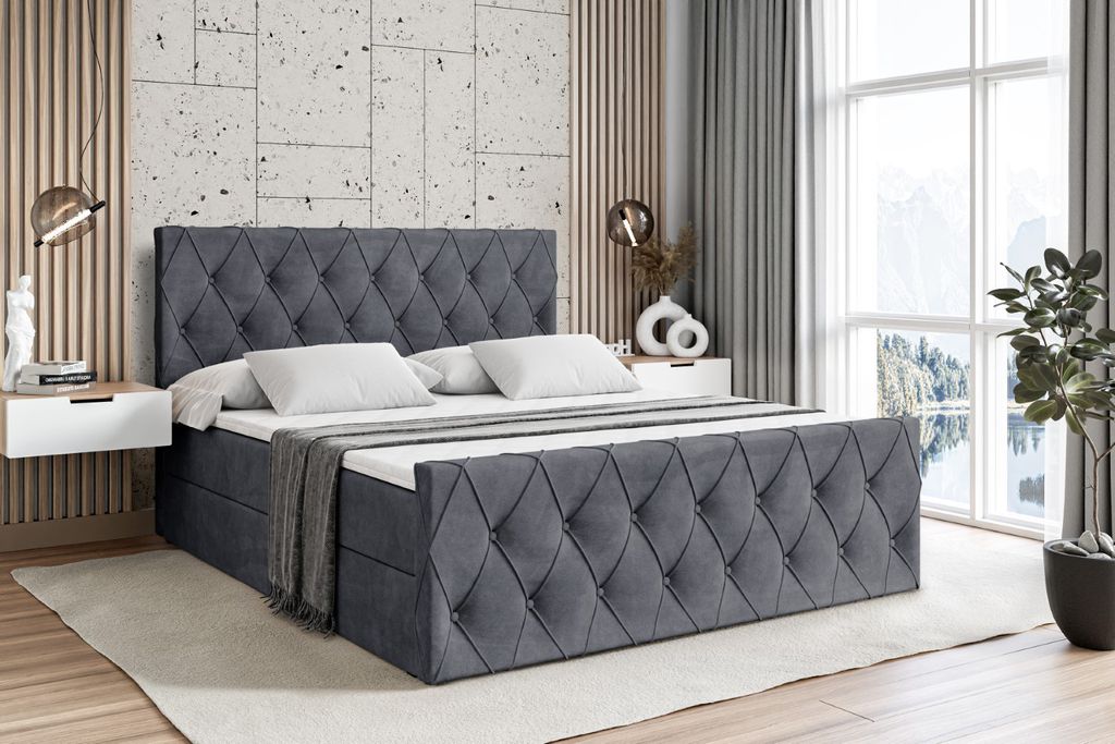ALTDECOR Boxspringbett mit Matratze und Lattenrost - AMAY - 180x200 cm - Dunkelgrau Samt - Boxbett, Fußteil, Topper, Polsterbett mit Bettkasten, B...