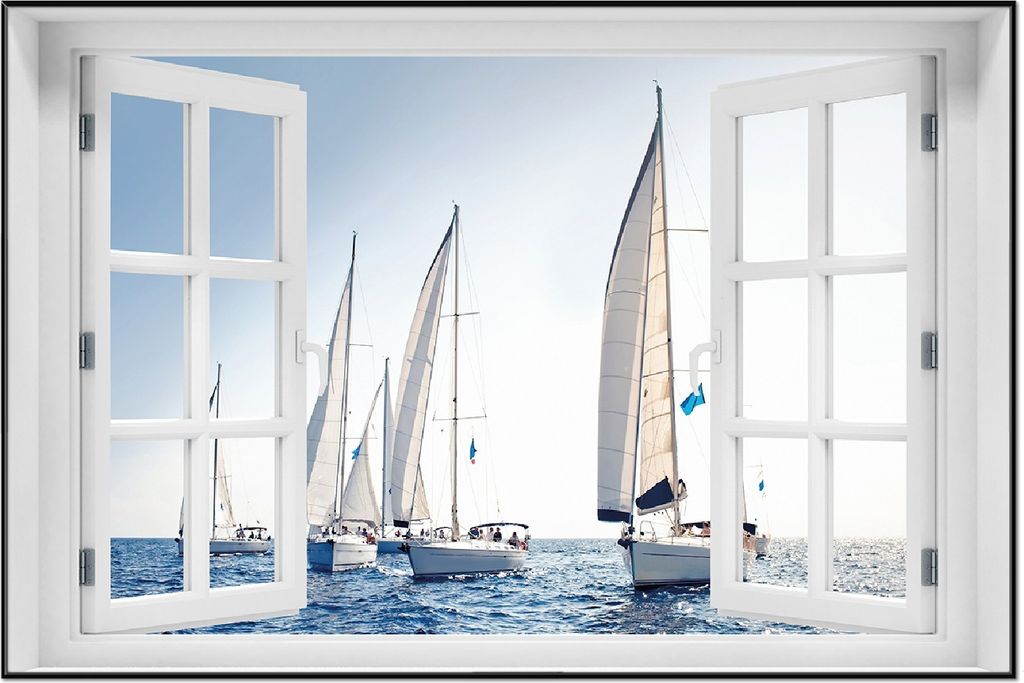 Wallario Wandbild mit Fenster-Illusion: Segelschiff auf dem Meer, Größe: 61 x 91,5 cm, Poster mit schwarzem Aluminiumrahmen
