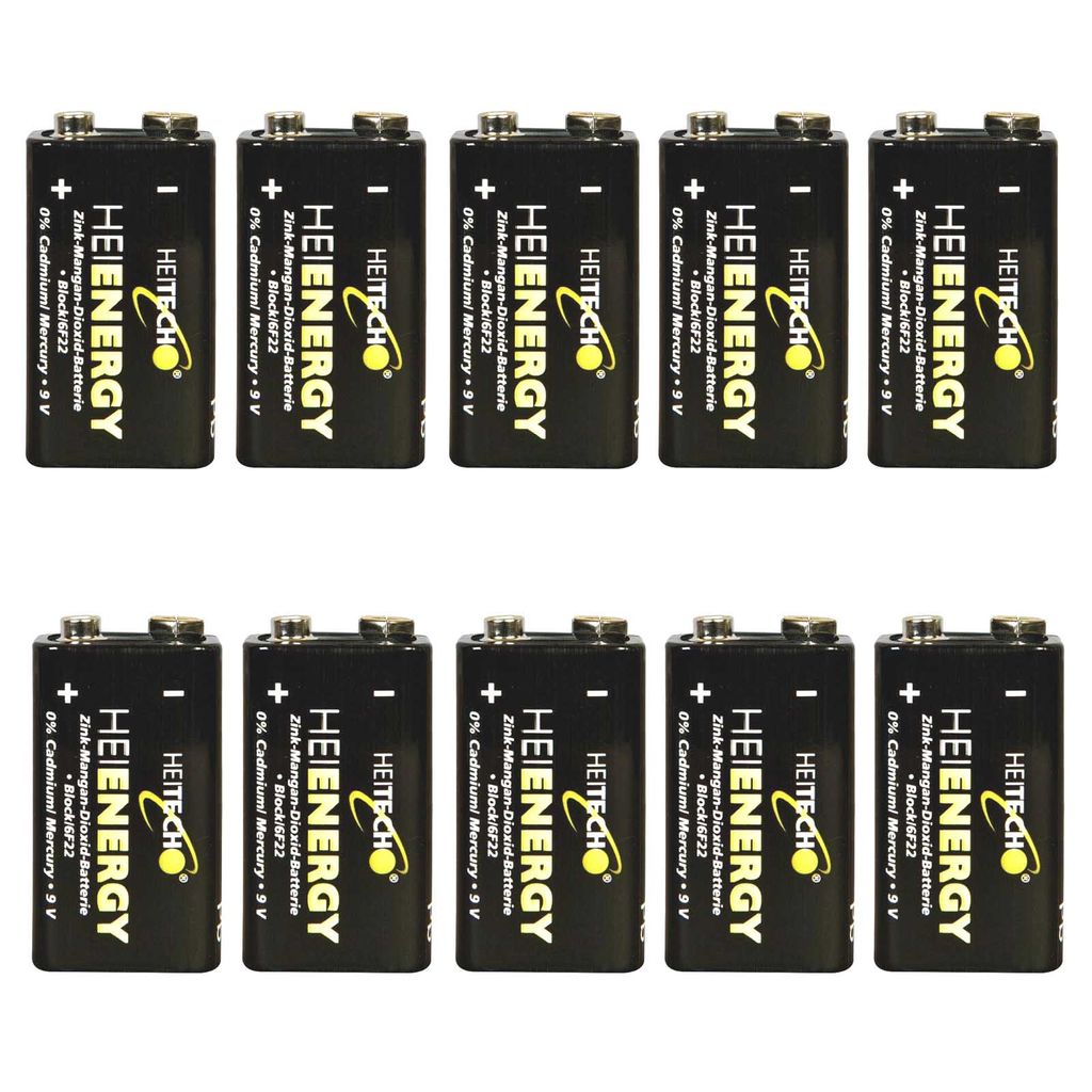 10er Set HEITECH Block Batterie | Extra Starke 9V Blockbatterien | 10x Universal Batterien Langlebig