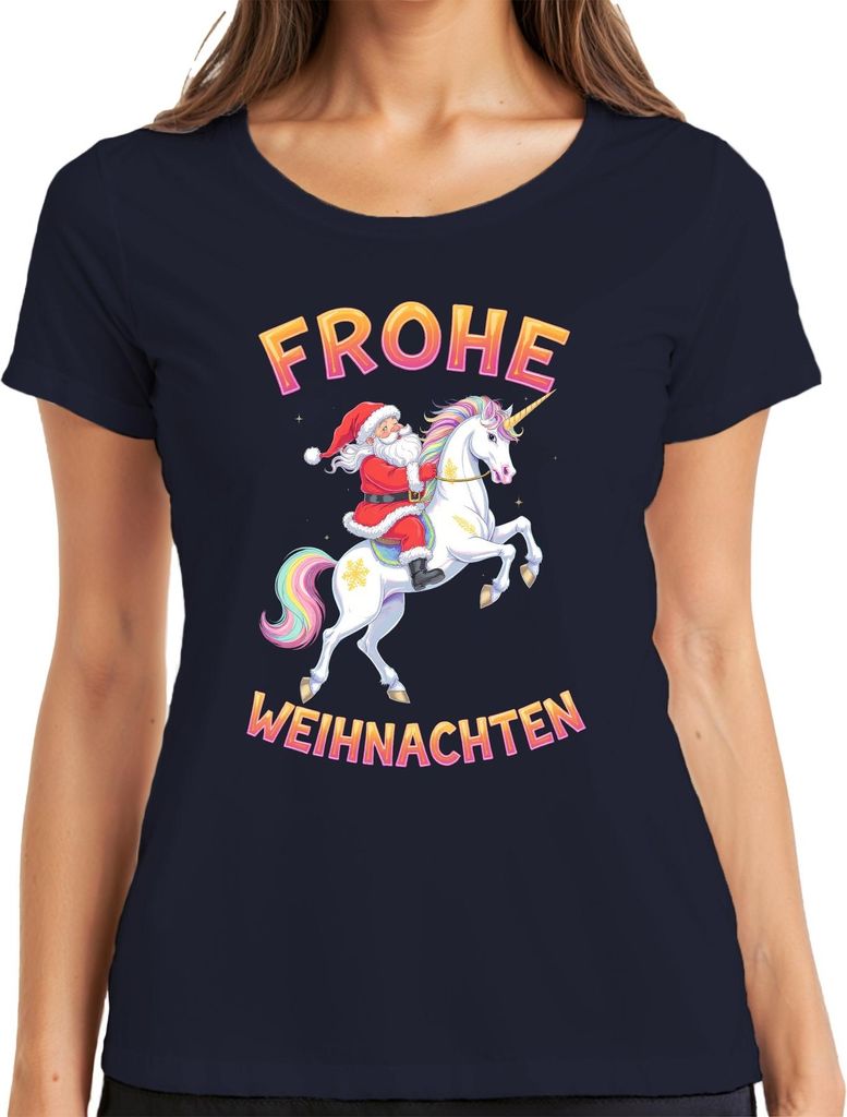 Frohe Weihnachten Weihnachtsmann Einhorn Regenbogen Kinder Lustig Damen T-Shirt, Navy, XL