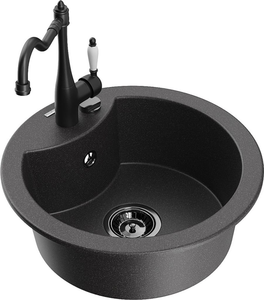 Mexen Diego 1-Becken-Granit-Spüle mit Mischbatterie Carla, Schwarz gesprenkelt - 6512-76-670700-70-B