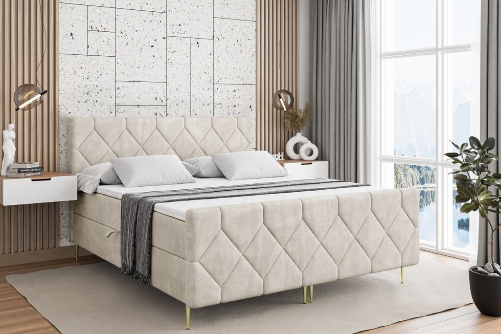 ALTDECOR Boxspringbett mit Gold Füßen, Matratze und Lattenrost, Topper, Fußteil, Polsterbett mit Bettkasten, Bett mit Stauraum H3-Matratze, Dopp...