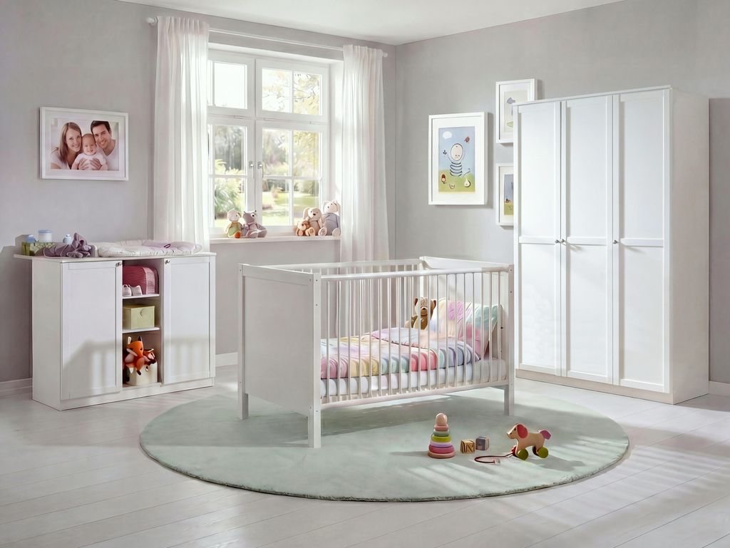 Babyzimmer-Set Kinderzimmer Babybett Wickelkommode Kleiderschrank 135 cm in Weiß / 22803