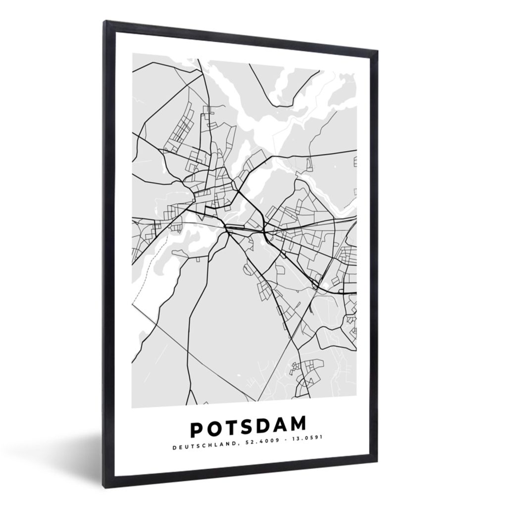 MuchoWow Gerahmtes Poster Potsdam - Karte - Stadtplan - Deutschland 60x90 cm - Poster mit Schwarzem Bilderrahmen Wandposter Rahmen Foto Bilder - ...