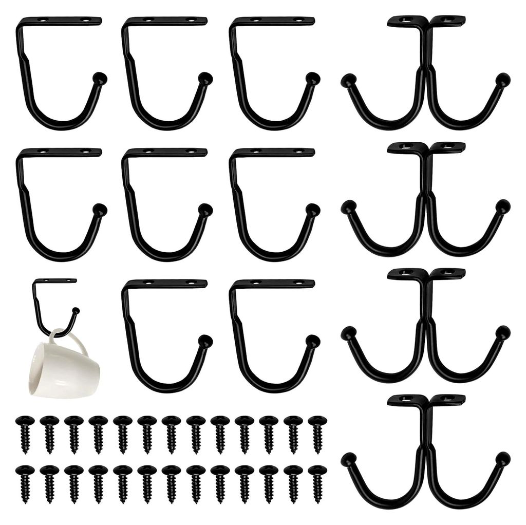 12 Stück Haken für Unterregale, Tassenhaken aus Metall mit Schrauben, schwarze Küchenhaken für Tassen, Utensilien, Mäntel, Hüte, Krawatten un...