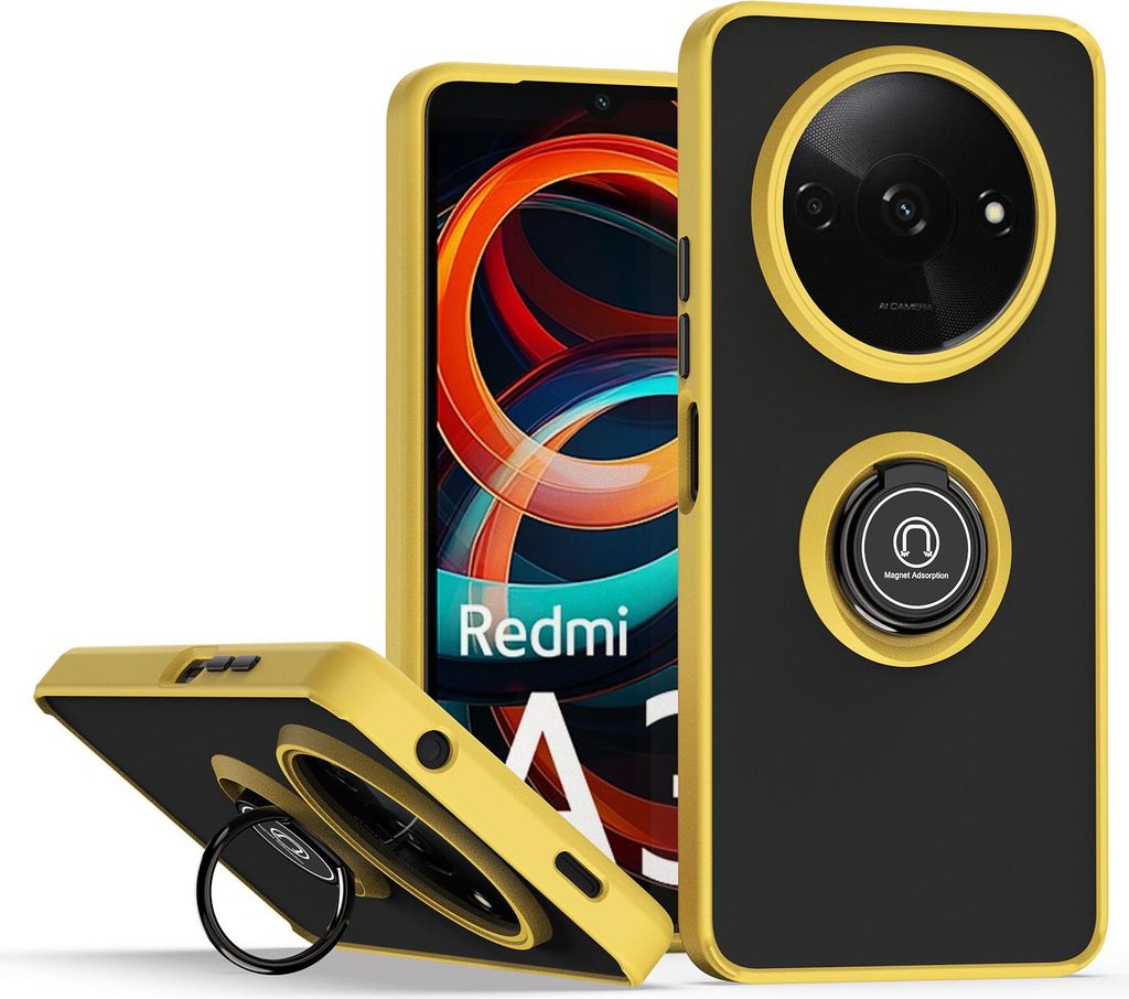 Hülle für Xiaomi Poco C61/Redmi A3 Matte Transluzent TPU Stoßfest Schutzhülle mit Ring Halter Ständer Gelb
