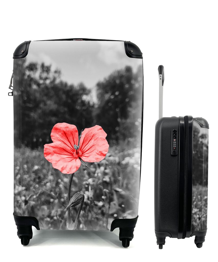 MuchoWow Koffer Handgepäck Trolley Rollkoffer Kleine Reisekoffer mit 4 Rollen - Blumen - Rosa - Schwarz - Weiß - Cabin Size < 55x40x23 cm & 55x...