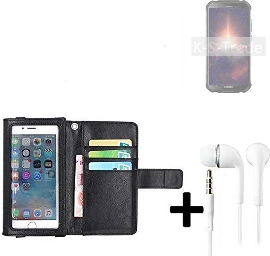 K-S-Trade Handyhülle + Kopfhörer kompatibel mit Doogee S40 Pro Schutzhülle Case mit Displayschutz / Schutzfolie schwarz + Kopfhörer Flip Cover