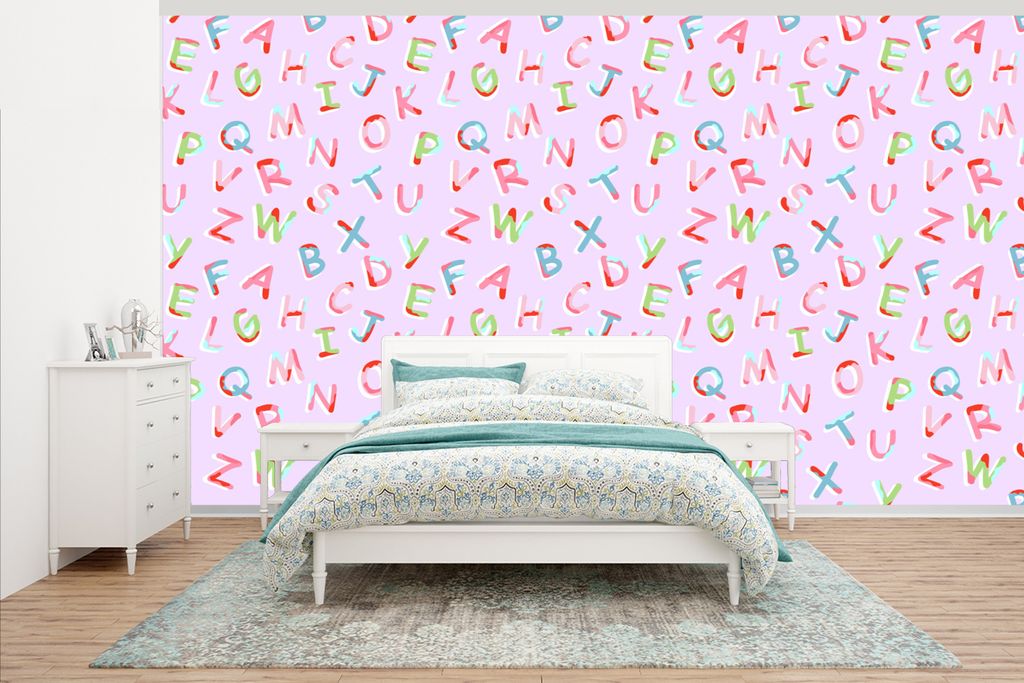 MuchoWow Fototapete für Wohnzimmer oder Schlafzimmer Wandtapete Vinyl Motivtapete Alphabet - Buchstaben - Muster - 395x220 cm - Tapezier Papier
