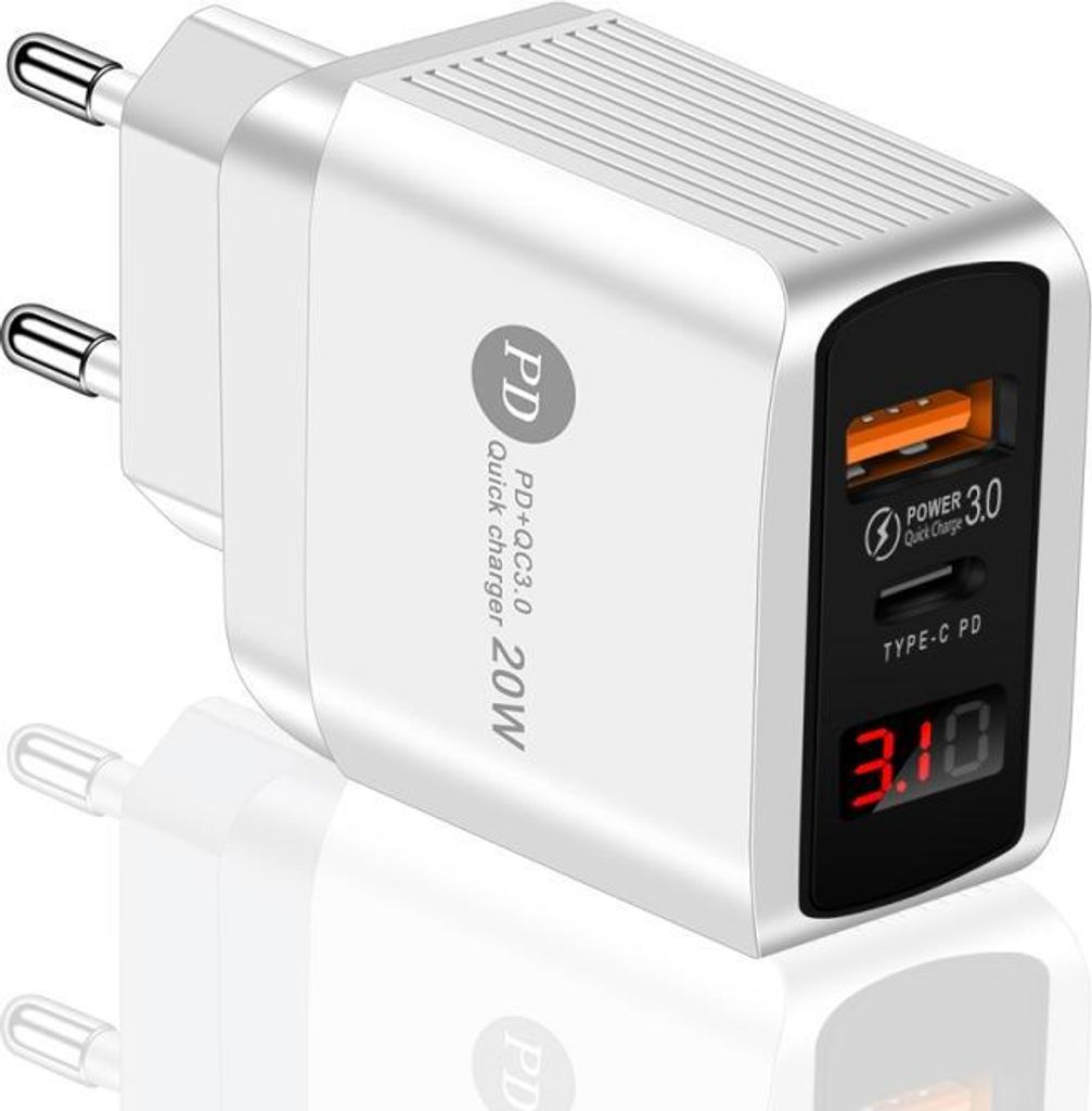 Handy Ladekopf PD 20W+QC 3.0 Digital Display Dual Port Schnellladegerät White_EU