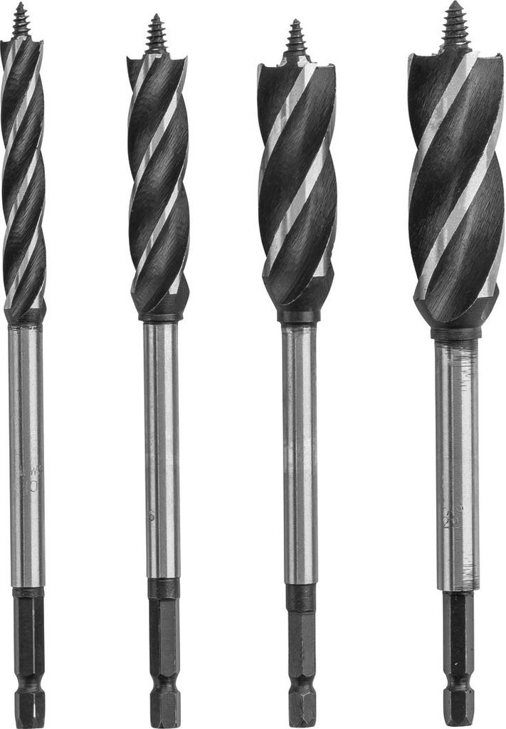 A set of four drill bits for wood, arranged in a row against a white background.