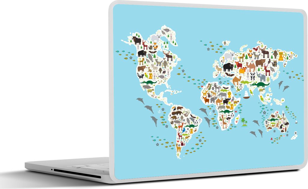 MuchoWow Laptop Aufkleber Sticker Cover Weltkarte Kinder - Tiere - Farben 25x18 cm - Laptop-Deko