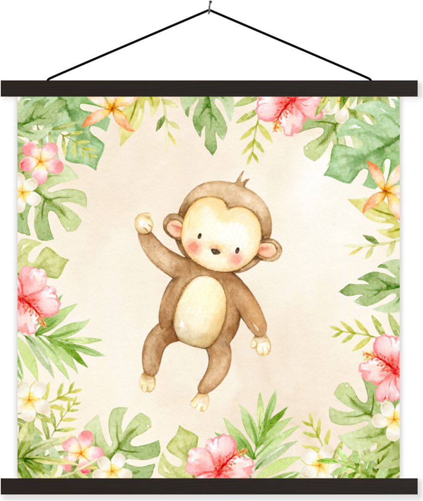 MuchoWow Textilposter Dschungel - Affe - Aquarell 120x120 cm mit schwarzem Rahmen - Aufhängungsset