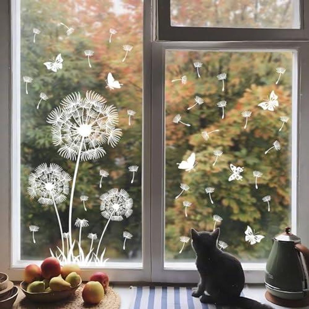 Supzone Fensterbilder Selbstklebend Pusteblume Weiß Fensteraufkleber Blumen Schmetterlinge Fenster Abziehbilder Sommer Frühling Anti-Kollision Fe...