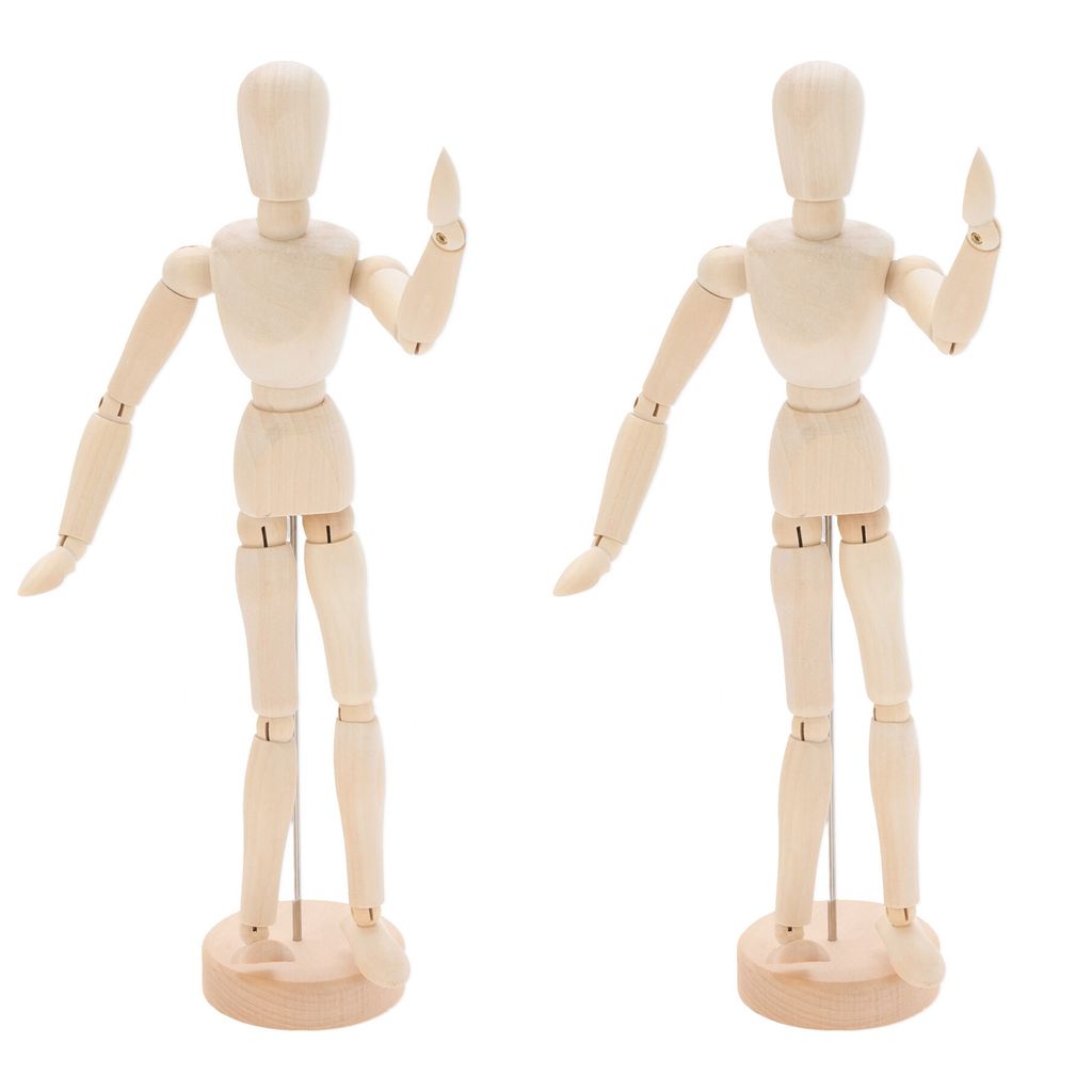 2er Set Gliederpuppe aus Holz Natur 33 cm mit Ständer Beweglich Mannequin Zeichenpuppe Zeichenfigur Gelenkfigur