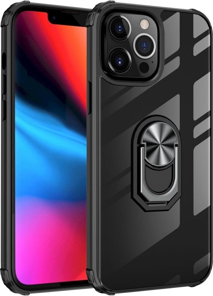 Mobigear Crystal Ring iPhone 14 Pro Max Hülle Hardcase Backcover mit Ringhalter - Transparent / Schwarz