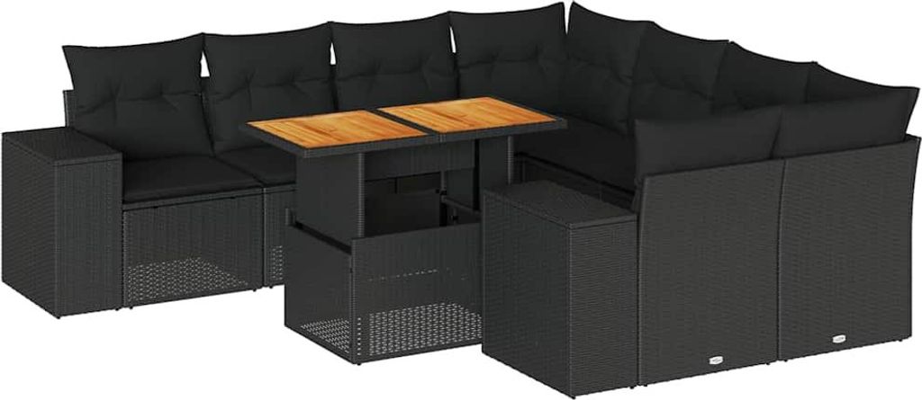 vidaXL 9-tlg. Garten-Sofagarnitur mit Kissen Schwarz Poly Rattan