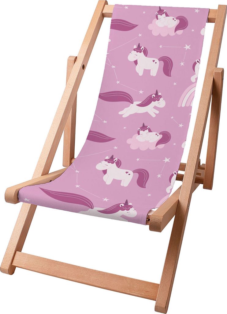 Dreamroots Kinder Liegestuhl klappbar Holz, bis zu 130 kg, Sonnenliege klappbar mit 3-stufiger Neigungsregulierung der Rückenlehne, Unicorns and C...
