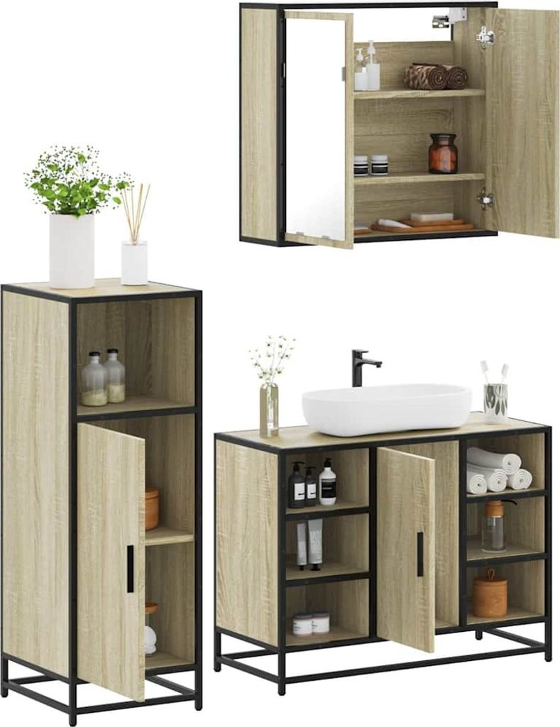 "2026 Promotion" 3-tlg. Badmöbel-Set moderne - mit Stauraum - Sonoma-Eiche Holzwerkstoff - Badezimmer CC15996
