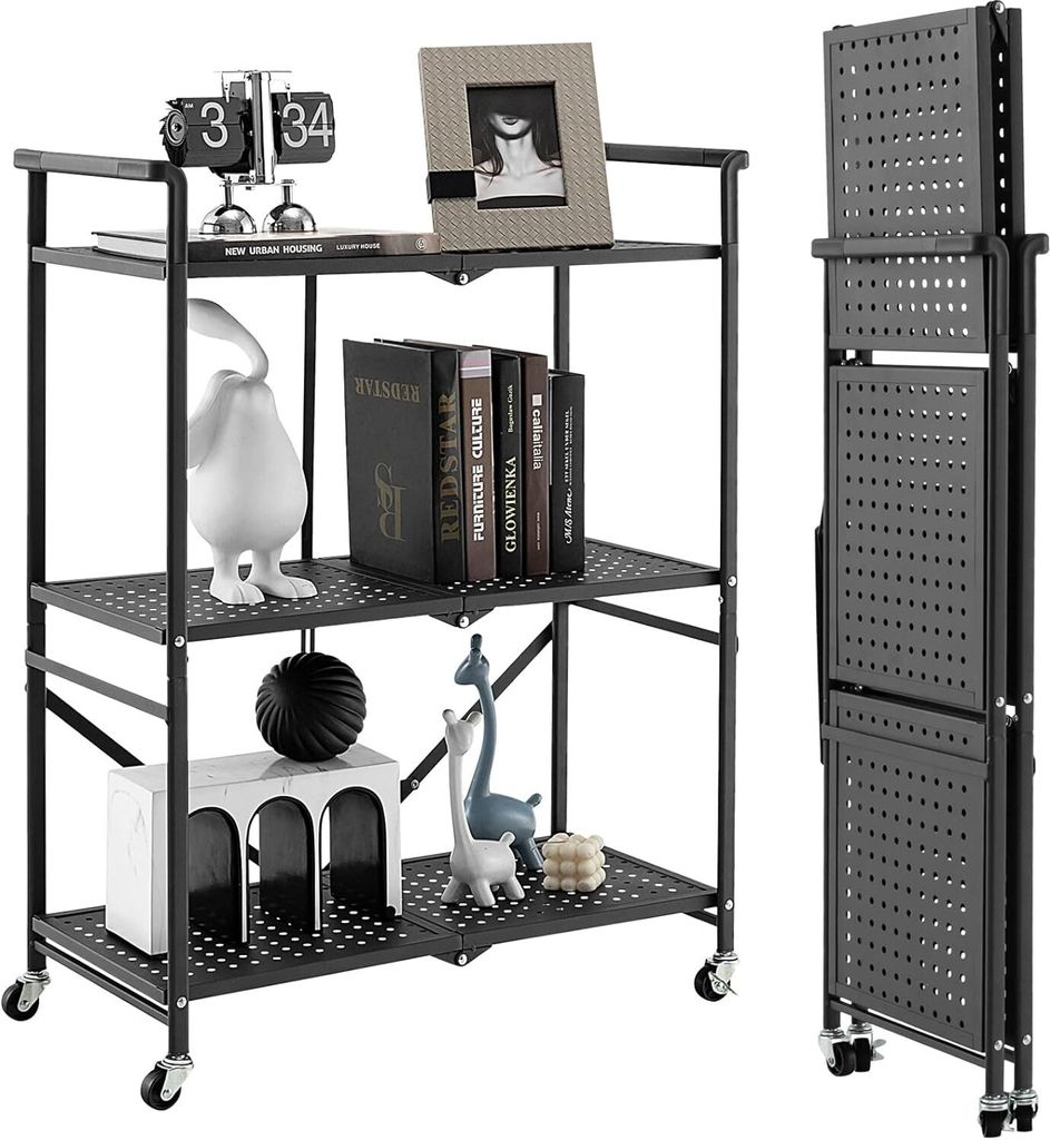 KOMFOTTEU Lagerregal klappbar, Küchenregal auf Rollen 3 Etagen, Faltbarer Metallregal, Klappregal Aufbewahrungswagen aus Metall, Regal 73x33x94 cm...