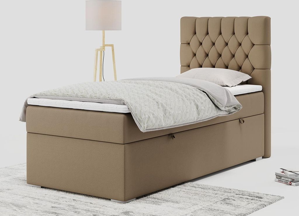 Einzelbett - Boxspringbett 90x200 mit Bettkasten und Matratzentopper - PERA 90 - rechts - Braun - H3