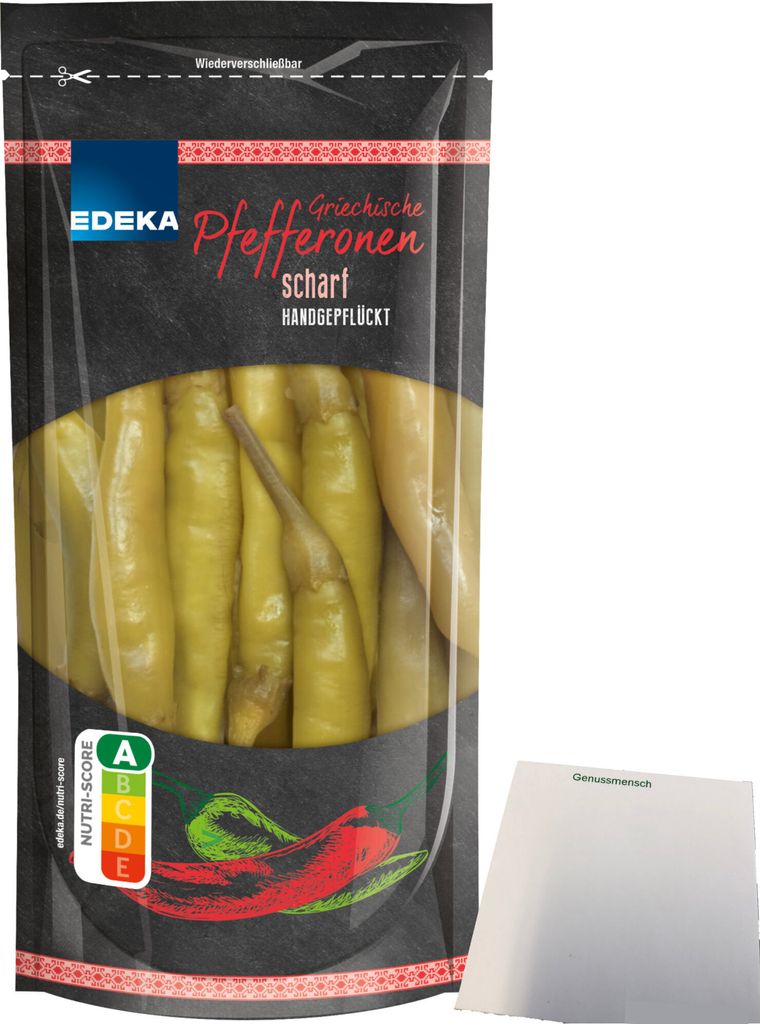 Edeka Peperoni Pfefferonen scharf Handgepflückt (250g Packung) + usy Block