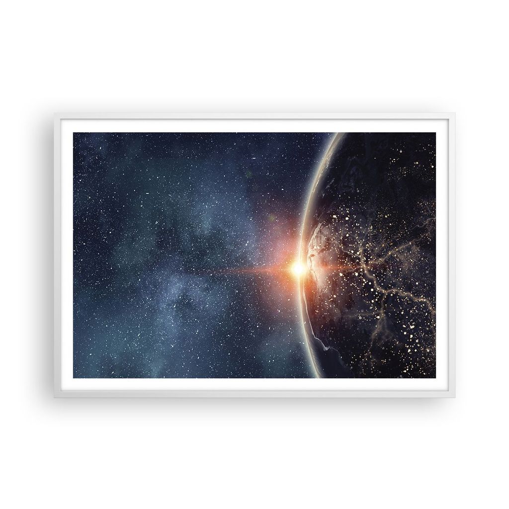 Gerahmtes Poster - Weißer Rahmen - Kosmos Erde Sonne - 100x70 cm - Wand Bild - Wanddeko - Wandbilder - Kunstposter - Wandposter - Bilderrahmen - B...