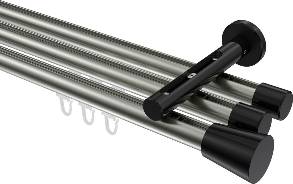 Interdeco Innenlaufstange / Gardinenstange mit Innenlauf Edelstahl-Optik / Schwarz, Typ Siteno Sitra (Konus), 20 mm Ø 3-läufig, 440 cm