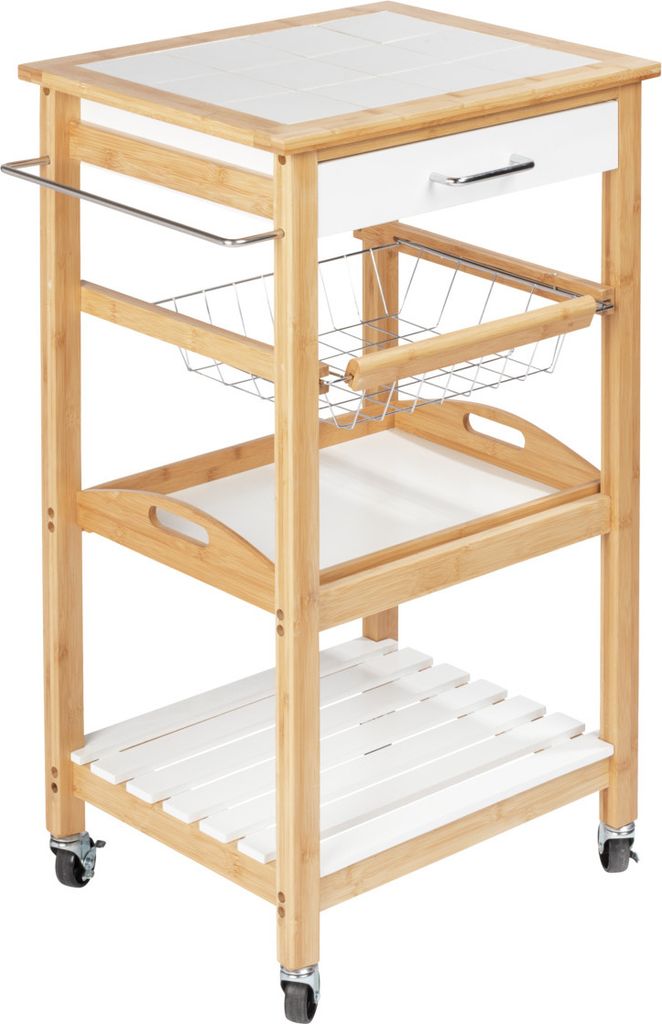 WENKO Küchen Servier Wagen FINJA Korb Rollen Bambus Tablett Ablagen Schubladen