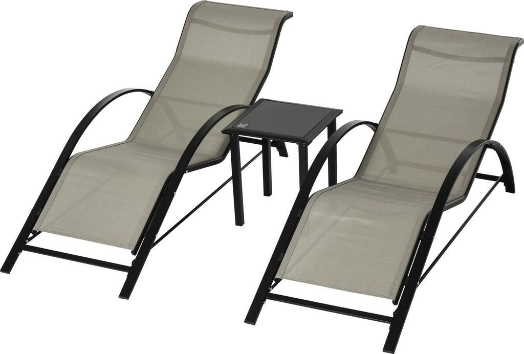 3-tlg. Gartenliegen-Set, 2 Sonnenliegen & 1 Beistelltisch, Metallrahmen, Grau+Schwarz