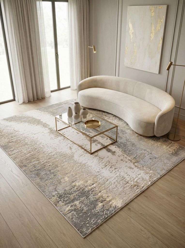 Wohnteppich Marmor-Design Kunstfaser | Designerteppich hochwertig langlebig | Läuferteppich rutschfest edel | Marmoriert | Grau-Silber-Gold 160x23...