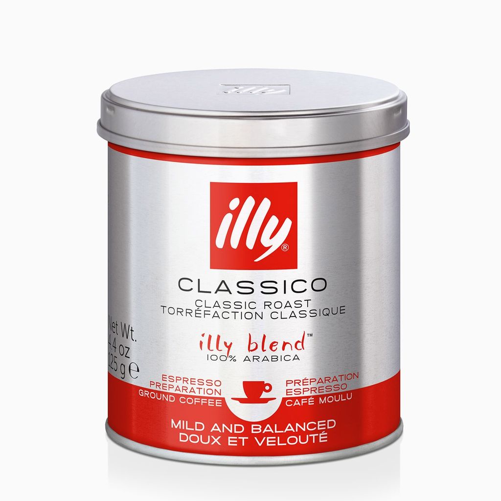 A tin of Illy Classico ground coffee.