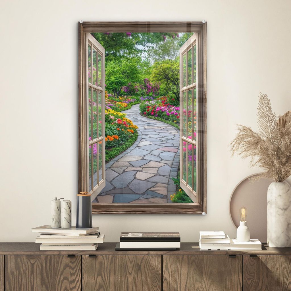 MuchoWow Glasbilder - Bilder auf Wandbild - Foto auf Glas Aussicht - Blumen - Gartenweg - Natur - Fenster 40x60 cm Wanddekoration aus Glas - Acrylg...