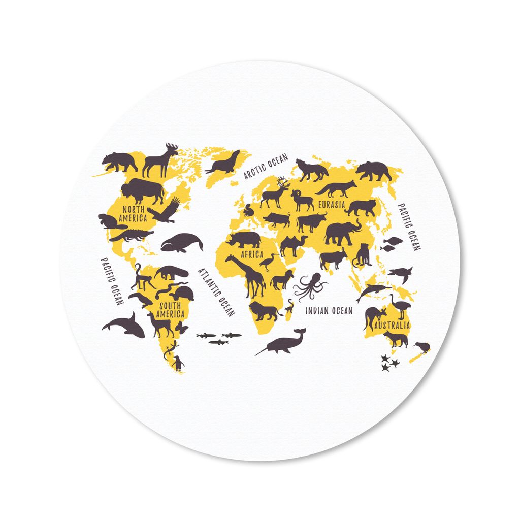 MuchoWow Mauspad Mousepad Weltkarte - Tiere - Gelb 40x40 cm - Mousepads - Maus Mat - Pad - Mausunterlage - Schreibtisch Accessoires