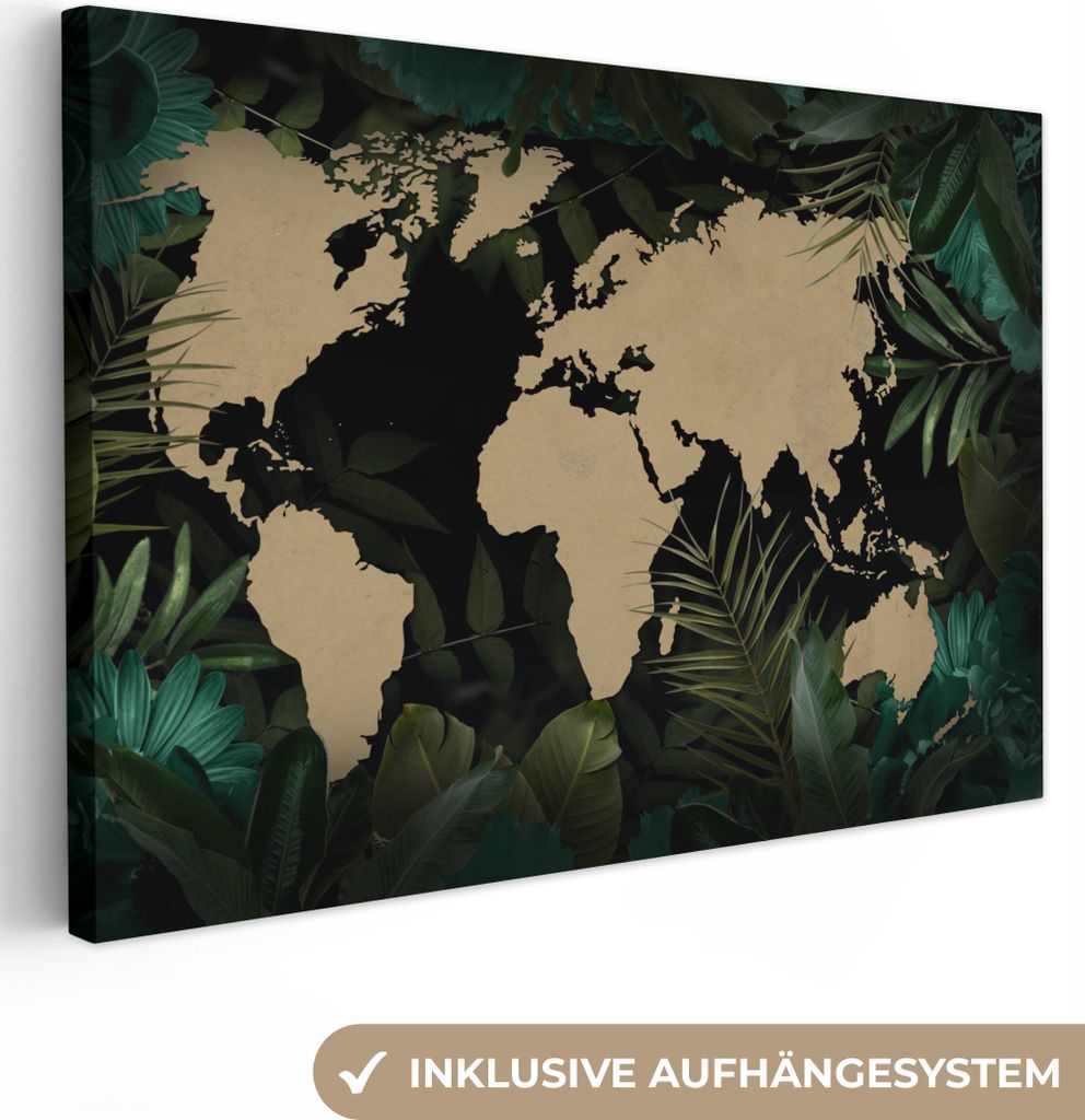 OneMillionCanvasses - Leinwandbilder - 150x100 cm, Weltkarte - Schwarz - Pflanzen, Wandbilder Kunstdruck Wanddekoration