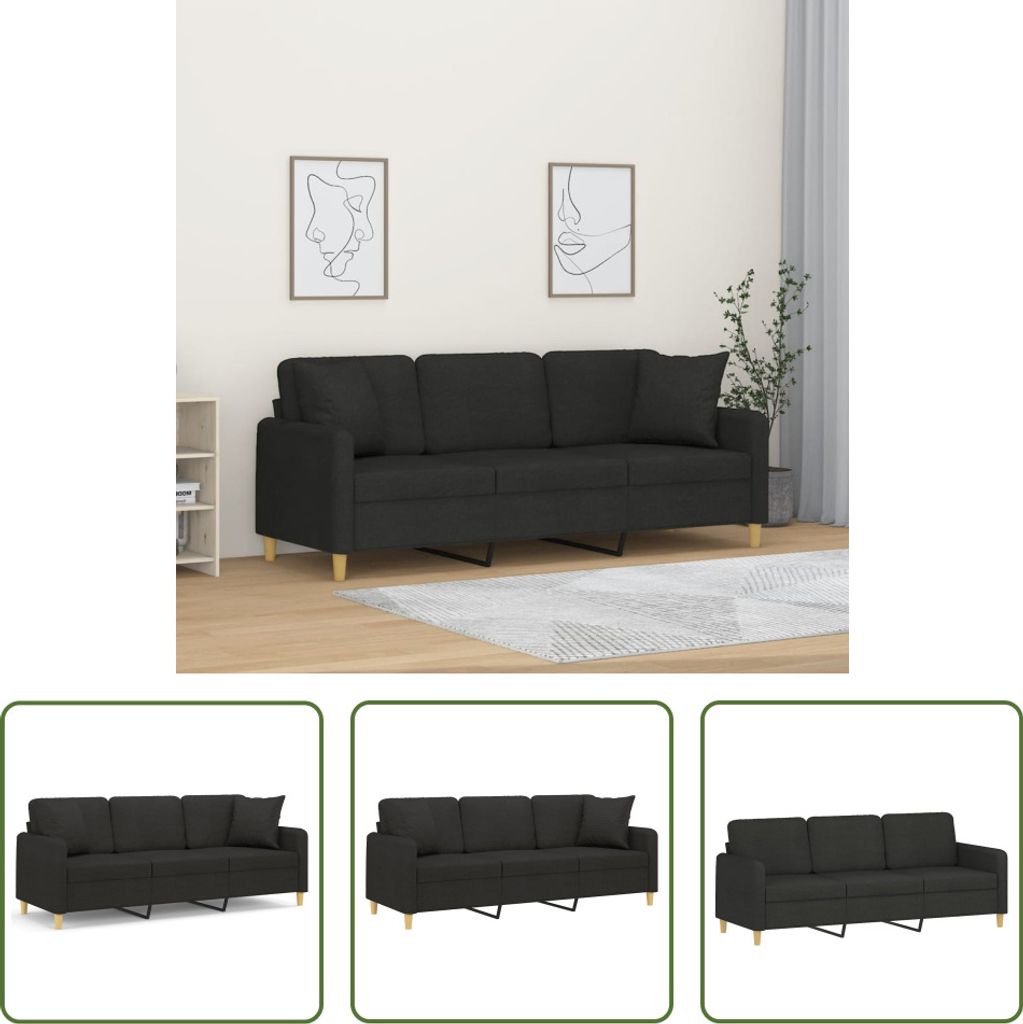 The Living Store 3-Sitzer-Sofa mit Zierkissen Schwarz 180 cm Stoff