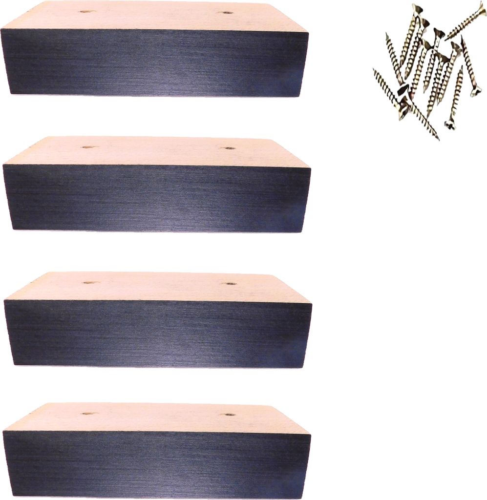 Four wooden furniture feet and a pile of screws on a white background.