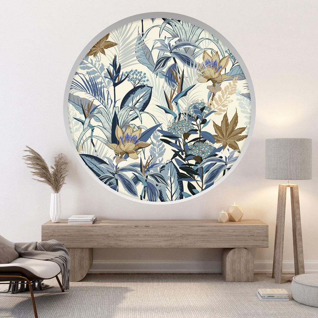 Trompe-l'oeil-Aufkleber Runde Bogen - Lumaléa - Tropische Blumen - Durchmesser 130 cm