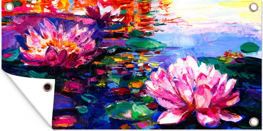 MuchoWow 80x40 cm Outdoor-Poster Gartendeko Sichtschutz Garten Poster für den Garten Gemälde - Öl - Seerose - Wasser