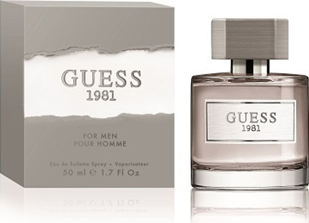 A box of Guess 1981 Eau de Toilette for Men and the perfume bottle are displayed side-by-side against a white background.