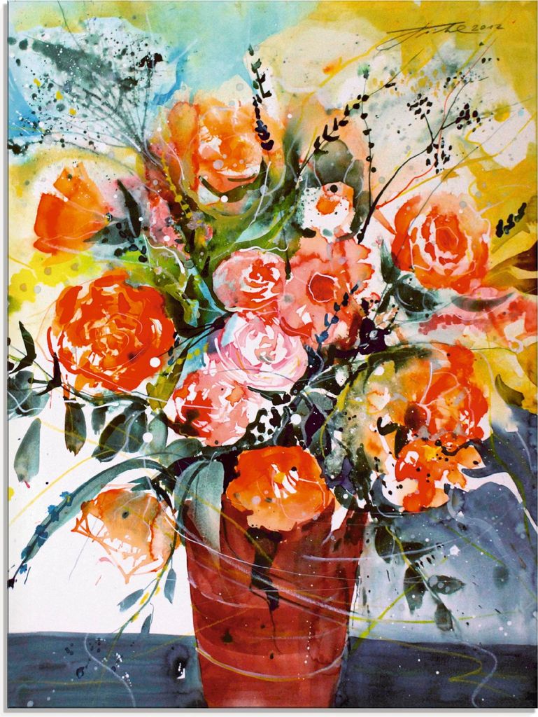 ARTland Glasbild Rosen in brauner Vase Größe: 60x80 cm